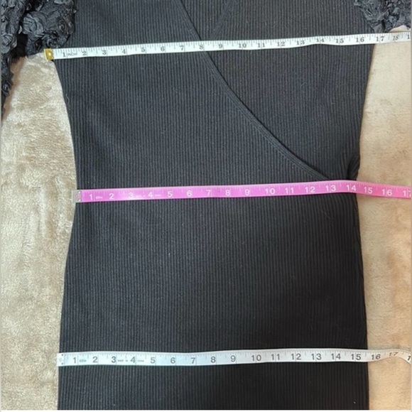 Lush Ribbed Faux Wrap Sweater Dress With Balloon Applique Sleeves in Black - Picture 4 of 8